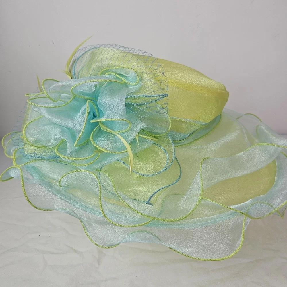 Forbusite Hat Womens Yellow Green Derby Church Easter Wide Brim Tea Garden Party
